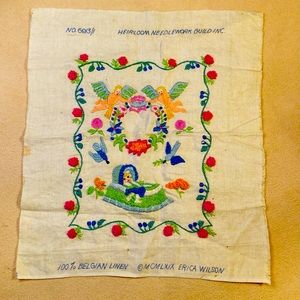 Beautiful small sampler of newborn child, knitted in colorful needlework linen